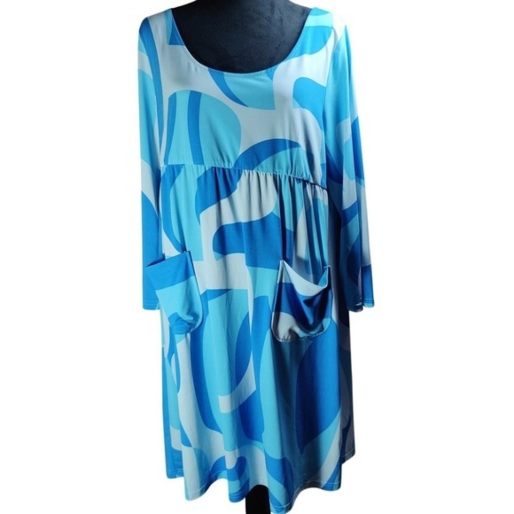 MARC BOUWER Blue Abstract Swing Print Long Sleeve Knee Length Dress XL twee